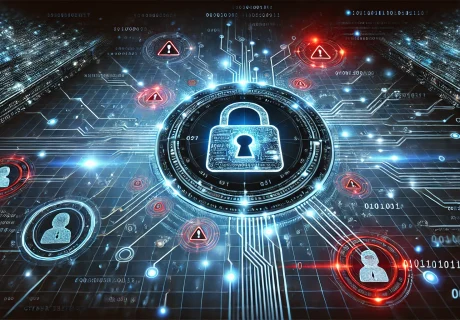 A futuristic cybersecurity concept image featuring a glowing digital lock surrounded by a network of interconnected nodes and binary code