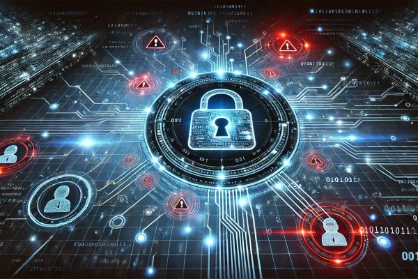 A futuristic cybersecurity concept image featuring a glowing digital lock surrounded by a network of interconnected nodes and binary code