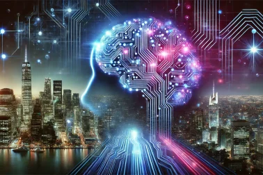 A futuristic digital landscape representing artificial intelligence, with a glowing circuit board merging into a human brain. The background features