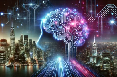 A futuristic digital landscape representing artificial intelligence, with a glowing circuit board merging into a human brain. The background features