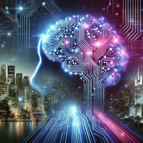 A futuristic digital landscape representing artificial intelligence, with a glowing circuit board merging into a human brain. The background features