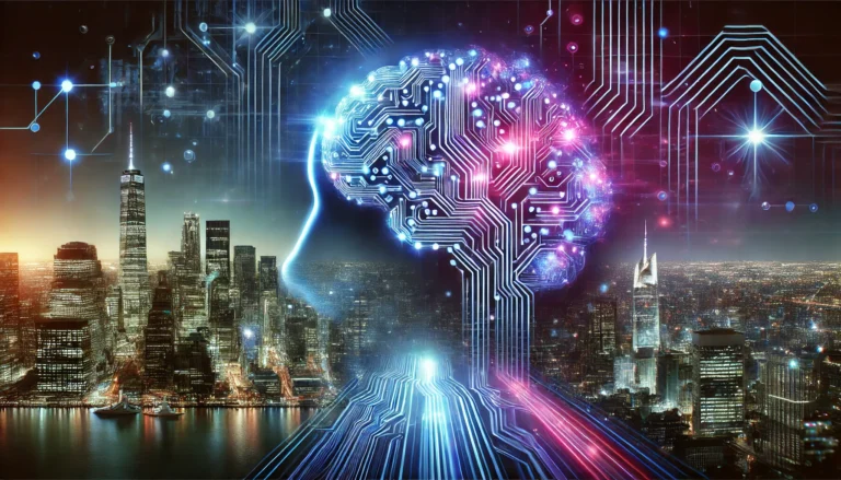 A futuristic digital landscape representing artificial intelligence, with a glowing circuit board merging into a human brain. The background features