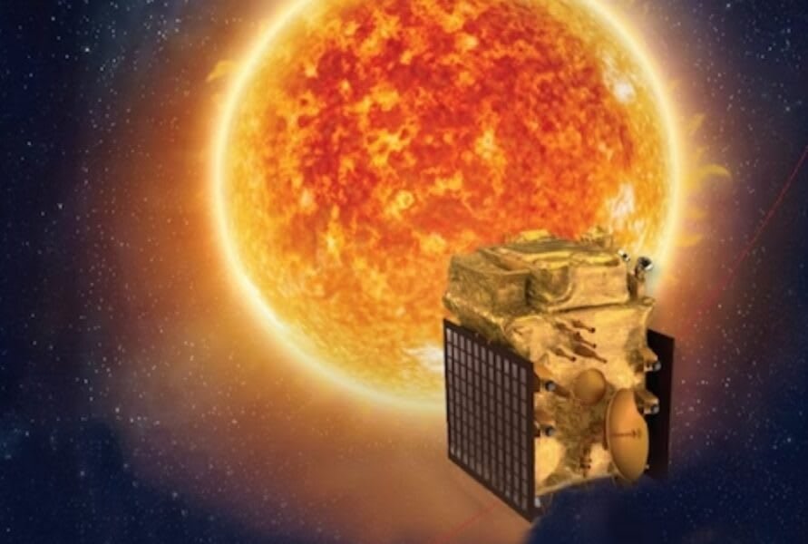 Artist's impression of ISRO's Aditya-L1 spacecraft observing the Sun from the L1 point in space
