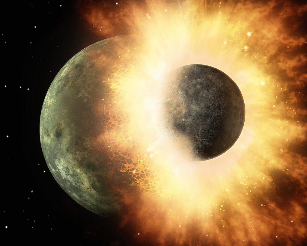 Digital illustration of the giant impact hypothesis showing Theia colliding with early Earth, leading to Moon formation 