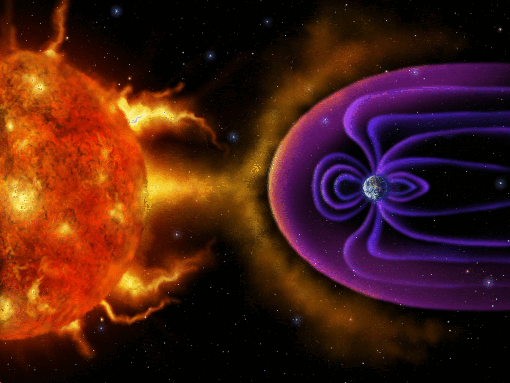 Illustration of Earth's magnetosphere protecting the planet from solar wind emitted by the Sun 