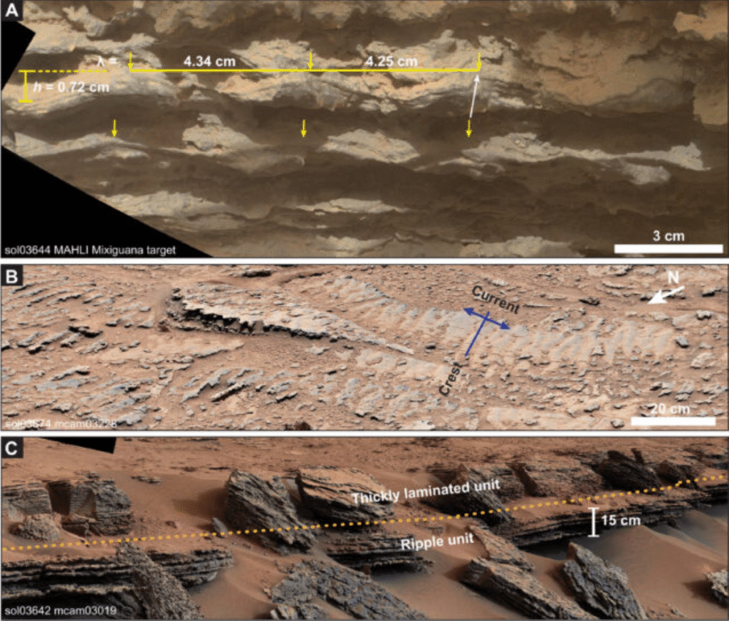 Sedimentary rock layers and ripple patterns on Mars reveal evidence of ancient flowing water and lakebeds as captured by NASA's rover 