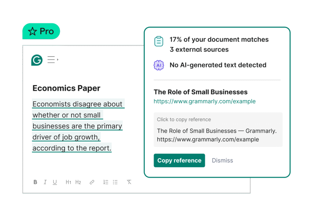 Grammarly Pro interface showing plagiarism detection and AI-generated text check in a student's economics paper 