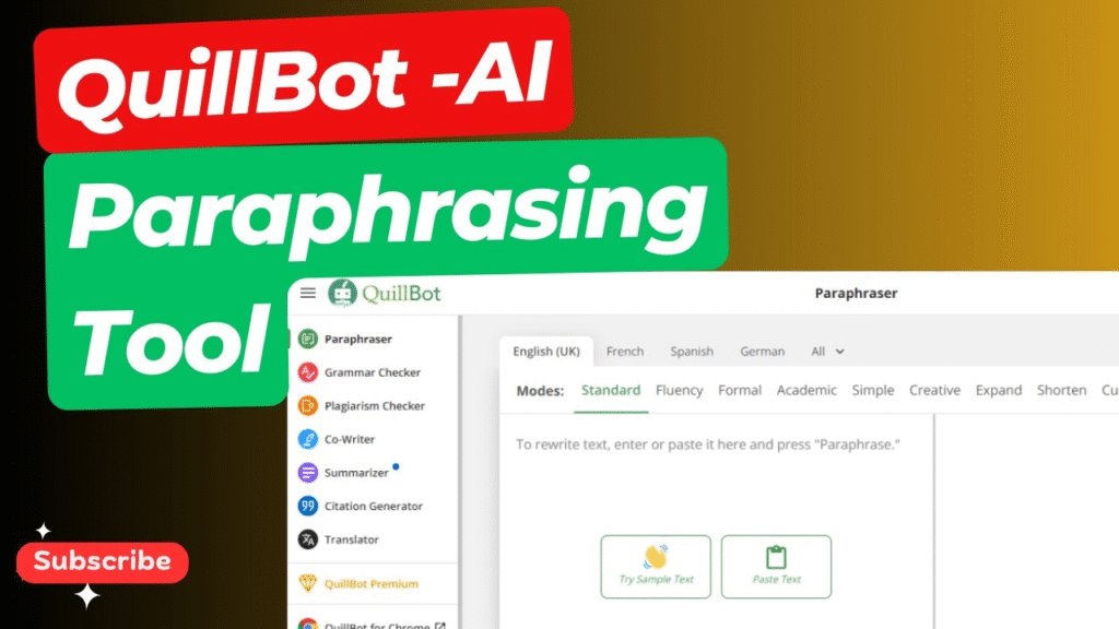 QuillBot AI paraphrasing tool interface highlighting language options and writing modes for students 